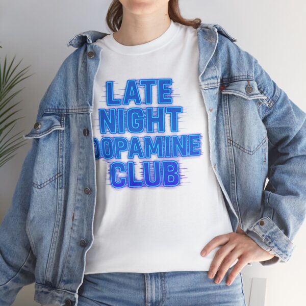 late night dopamine club tee, unisex heavy cotton t shirt, relaxed fit, fun club apparel, casual wear, music lover gift