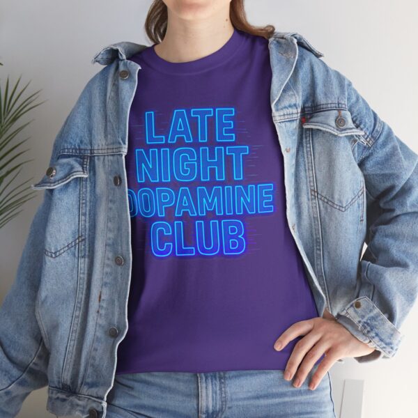 late night dopamine club tee, unisex heavy cotton t shirt, relaxed fit, fun club apparel, casual wear, music lover gift